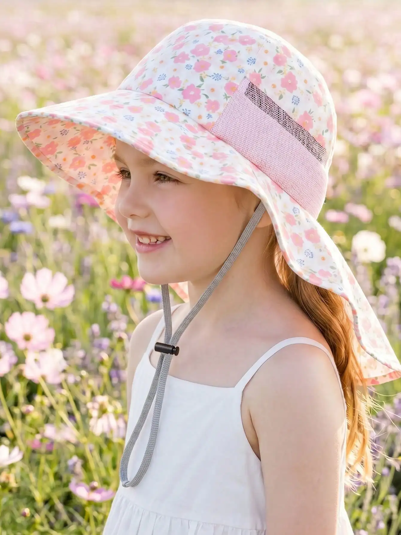 1pcs 2-6Y Girls Korean Style Pink Floral Hat with Cape, Large Brim Fashion Cap, Versatile Headwear for Summer Beach