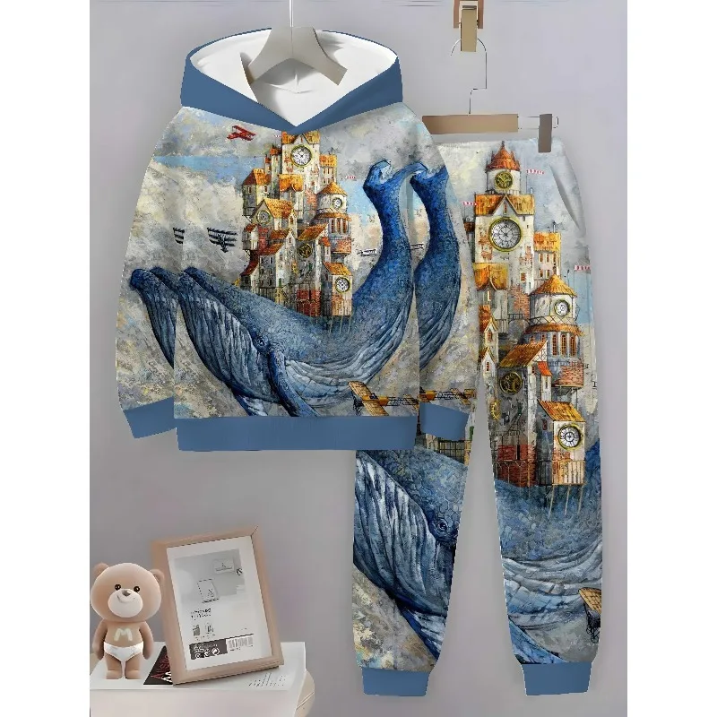 2025 3D Digital Marine Animal imprimé sweat à capuche et pantalon de sport 2 pièces ensemble Simple et à la mode décontracté à manches longues ensemble