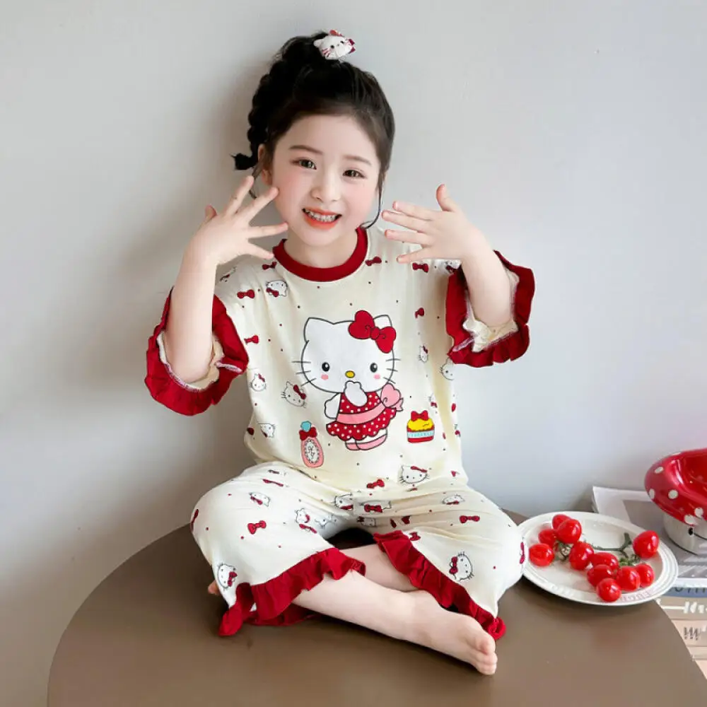 

Комплект домашней одежды Sanrio для девочек с милой кошкой Китти, 2 предмета, новинка 2026 года, летний комплект пижам Hello Kitty для малышек, модал, кружево, детская пижама