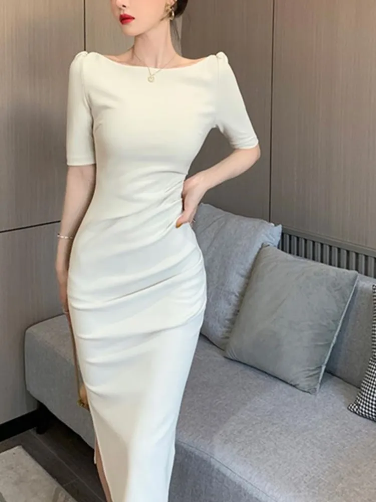 2022 Summer New Elegant Midi Party Dress For Women Office Lady Solid One Piece Slim Bodycon Clothing Femme Fashion Vestidos