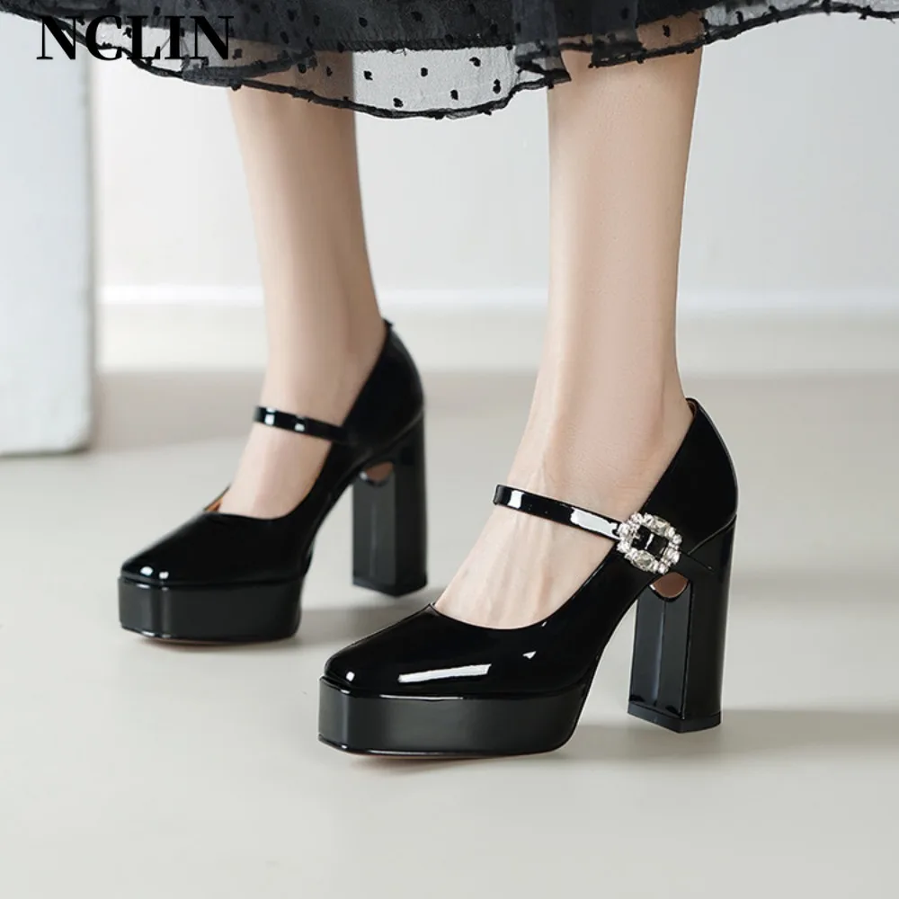 

Punk Gothic High Heels Pumps Woman Ankle Straps Black Mary Jane Shoes Women 2025 New Thick Heeled Patent Leather Lolita Shoes
