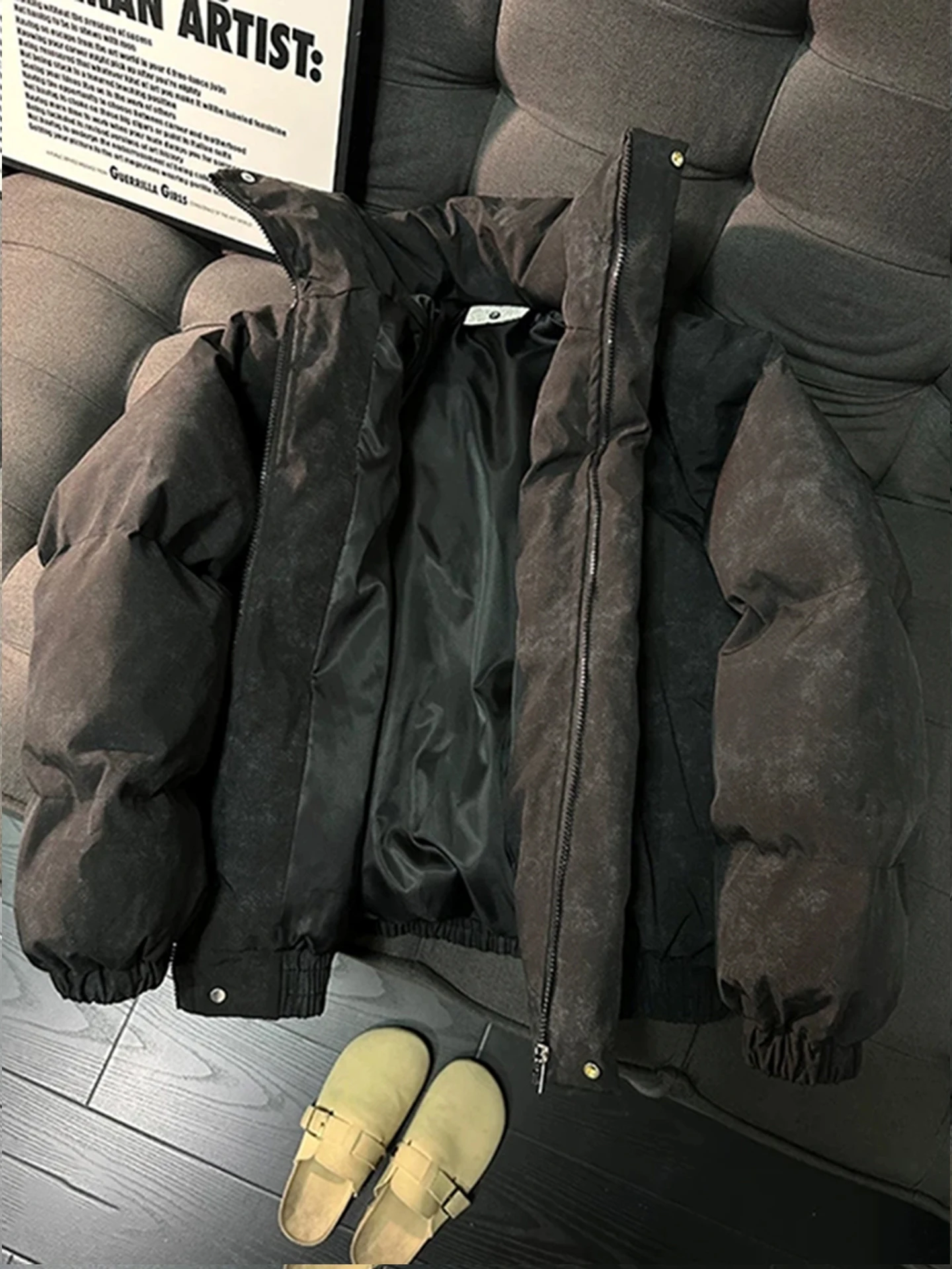 الأمريكية Sle Thiened بو الجلود Bla ort مصبوغ Dir down Jaet الرجال شتاء دافئ الوقوف طوق الخبز Sle ملابس خارجية