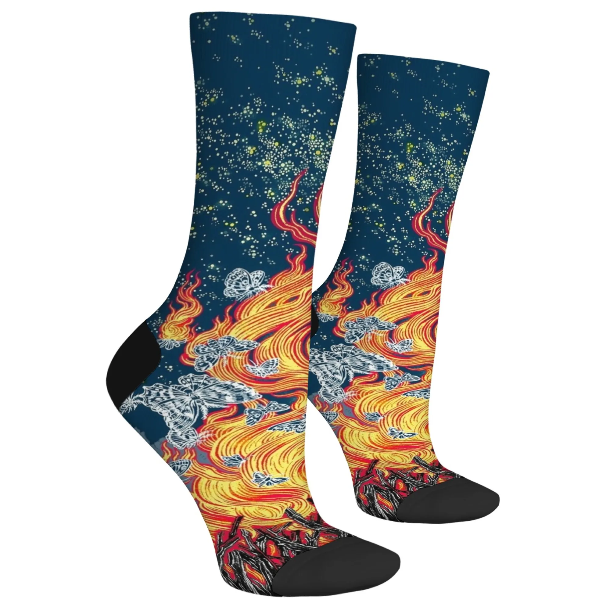 Фэнтезийные романтические носки с бабочкой в виде костра, темно-синие носки с принтом звездного неба и леса, подарок для романтических любителей искусства