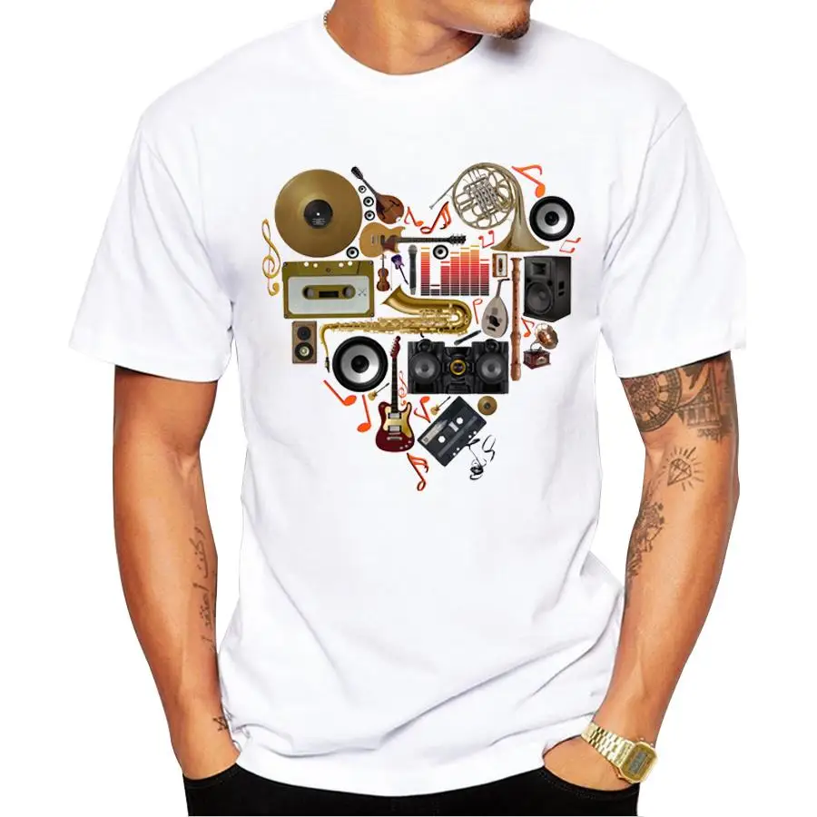 

2018 Hot Selling Men Music in Love T-shirt Short Sleeve t shirts Vintage musical instrument Tee Shrits Casual Cool Tops
