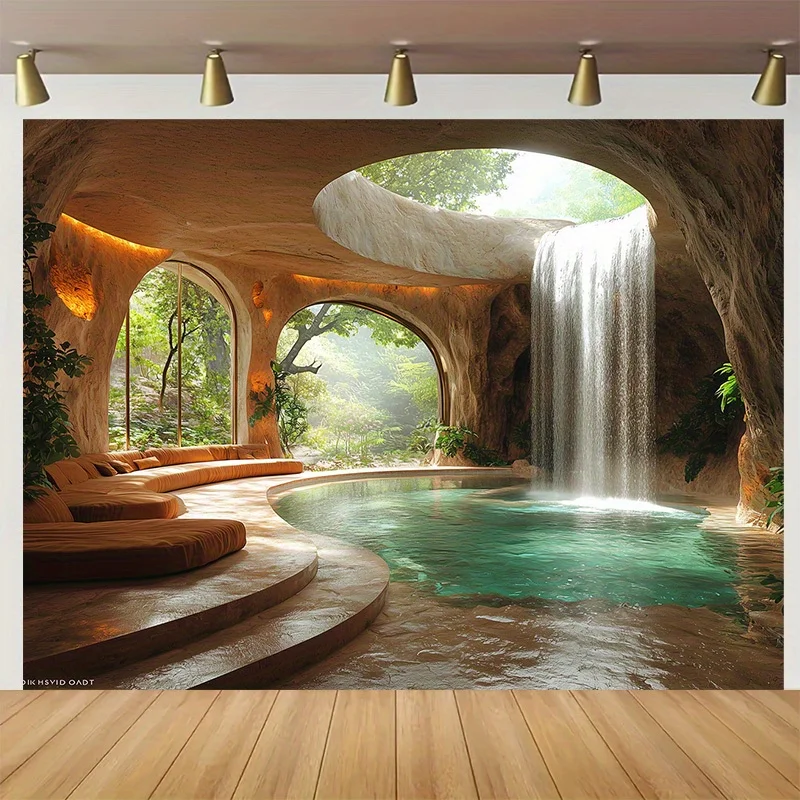 1 Stück Höhlenwasserfall-Polyester-Hintergrundstoff – grünes Pflanzen- und kaskadierendes Wasserfall-Design, Heim- und Party-Hintergrund