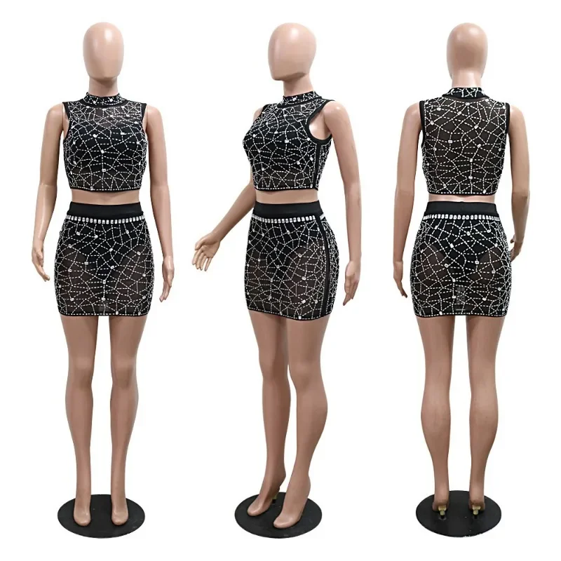 GUWU Vrouwen Set Mouwloze Crop Top + Mesh Hot Strass Mini Rok Pak Twee 2-delige Set Sexy Party Club Night outfits