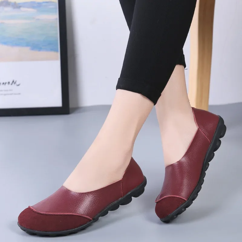2026 New Ladies Shoes Woman Split Genuine Leather Woman Flats Slip On Woman\'s Loafers Female Moccasins Shoes Plus Size 35-44