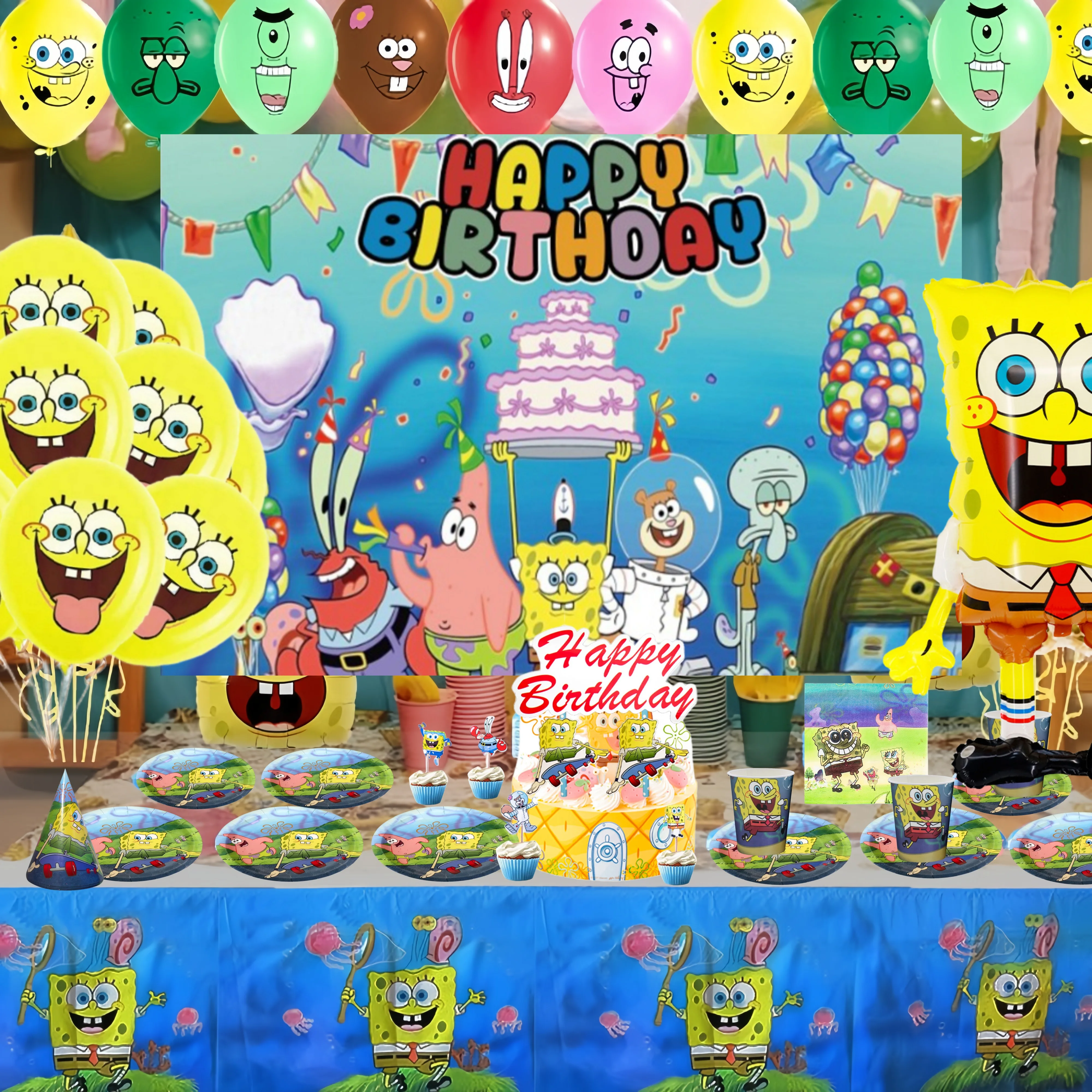 Sponge-Bob Birthday Decoration Sponge Baby Disposable Tableware Plate Tablecloth Napkin Balloon Baby Shower Kids Party Supplies