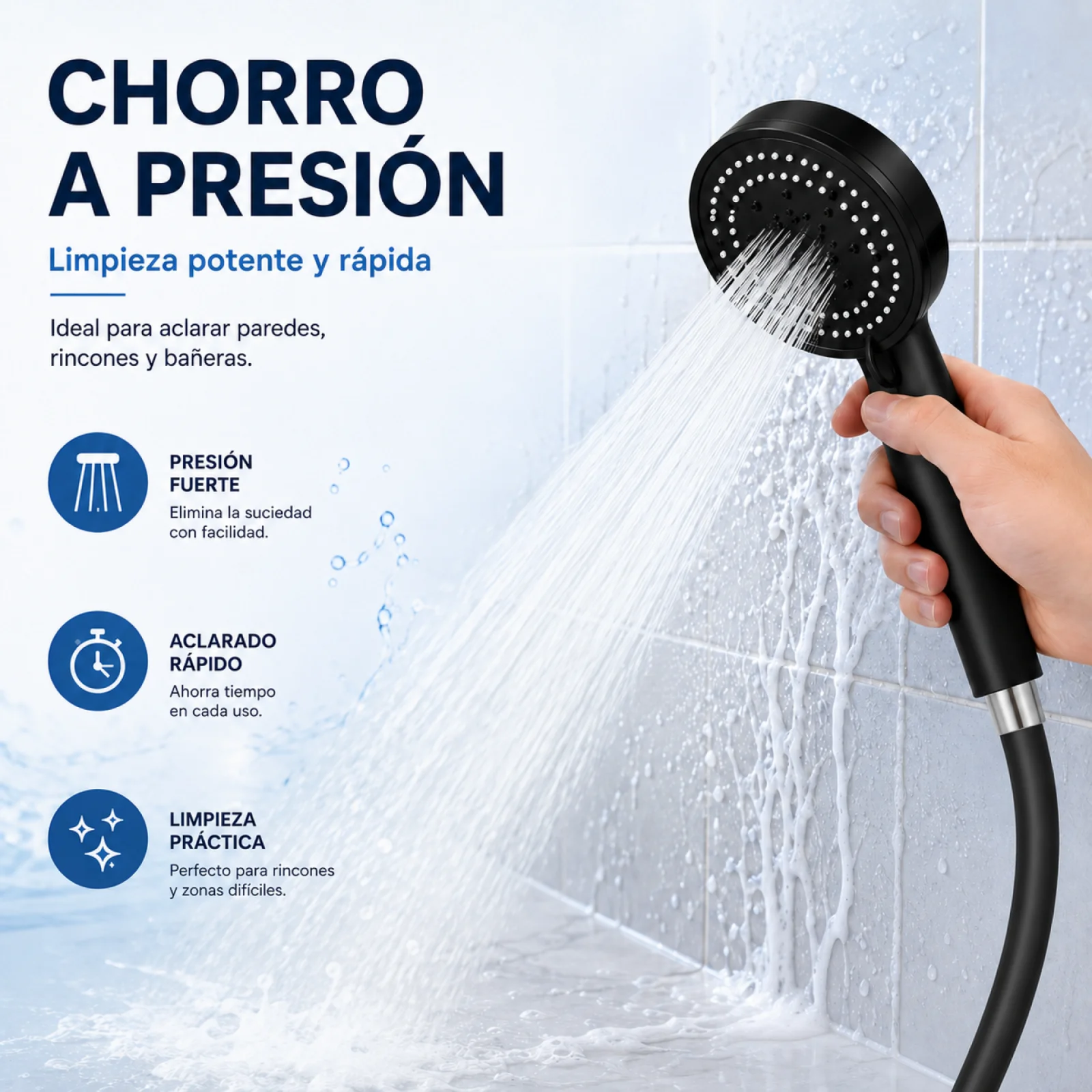 Ensemble de douche à main noir mat avec tuyau de 150 cm et 5 modes de jet, tête en plastique et zinc de 9x22,5 cm pour salle de bain moderne, système de jet effet pluie et pression