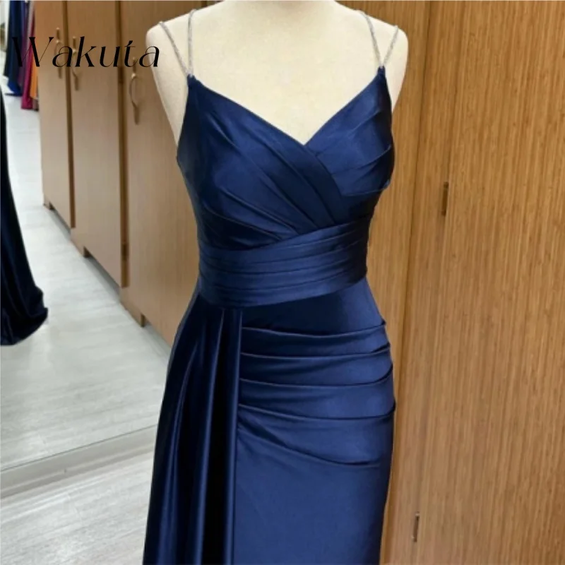 Wakuta Solid V-neck Sleeveless Evening Vestidos Long Pleated Chiffon Gowns with A Slim Fit Sparkling Dance Robe Elegante Mujer