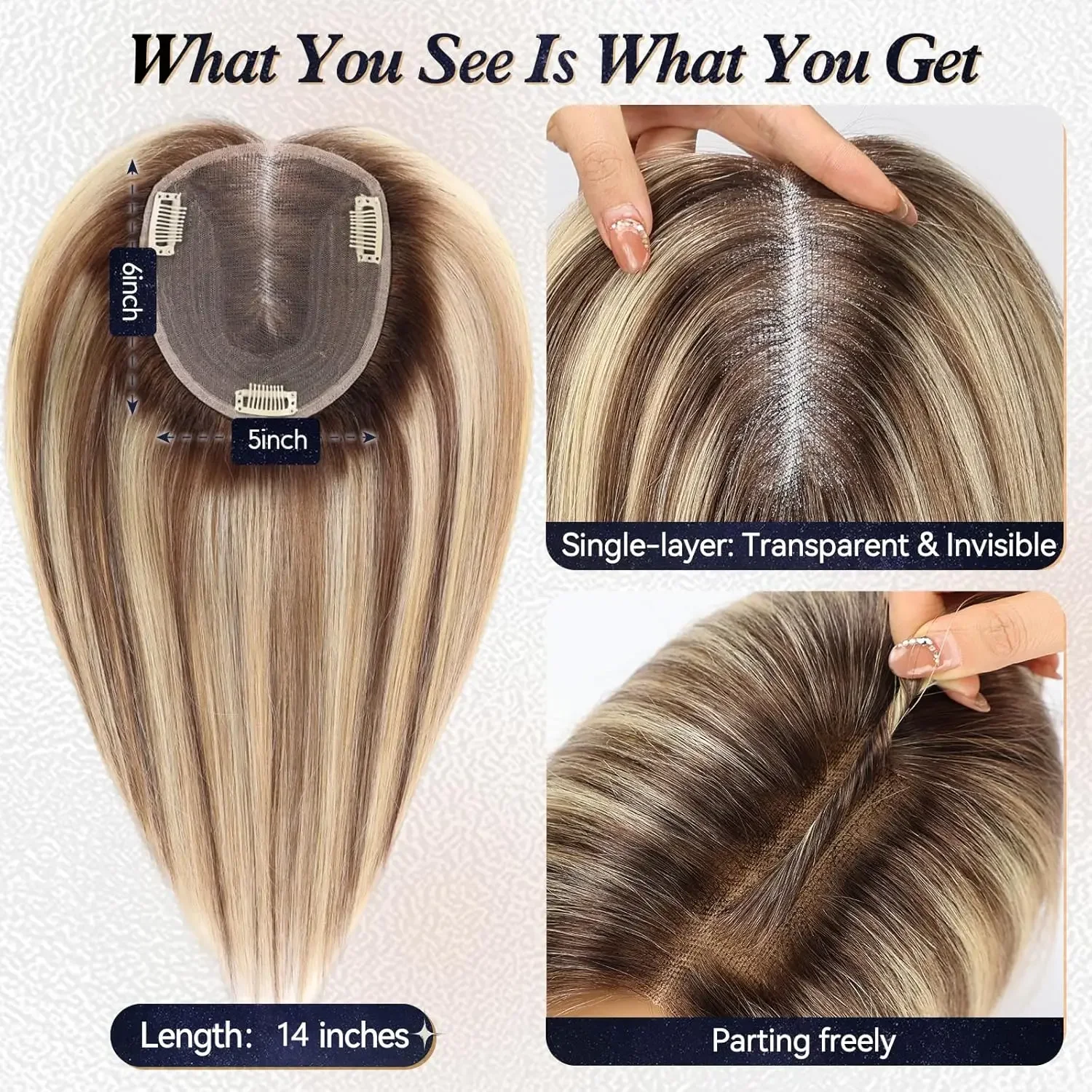 6x5inch Lage Swiss Base Human Hair Topper Real Hair Toppers for Women with thinning Hair Clips in Remy Hairpiece Natural 12 Inch