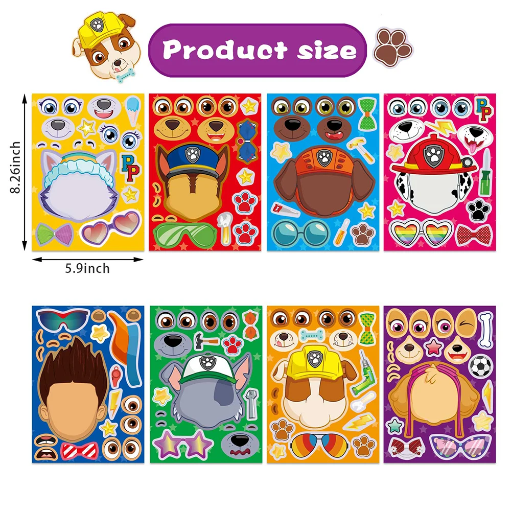 8/16Sheets PAW Patrol Puzzle Anime Stickers Chase Make a Face Children Funny Games Assemble Jigsaw Kid Toy Cute Decoration Decal