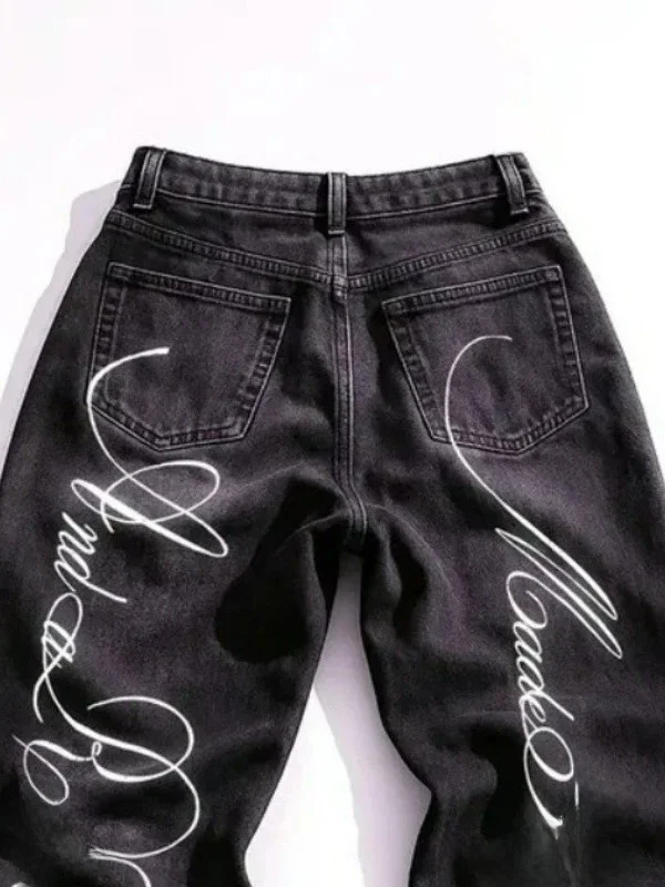 Trendy American Street Style Printed Jeans High Waist Straight Leg Long Pants Women's Versatile Casual Cotton Denim