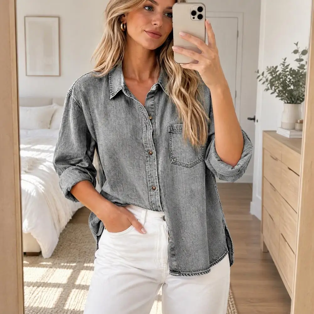 Relaxed Fit Shirt Women Denim Shirt Jacket Lapel Long Sleeve Coat Button-down Loose Fit Tops Solid Color Autumn Outerwear Long