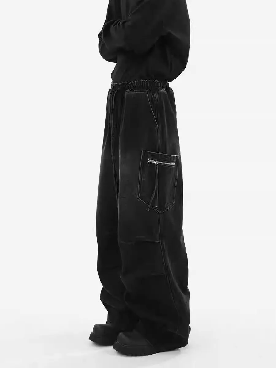 

Bla Wide Leg Men's Jeans Elastic Waist Corduroy ket Detail High Street Sle Retro Folded Hem Trousers for Casual Wear