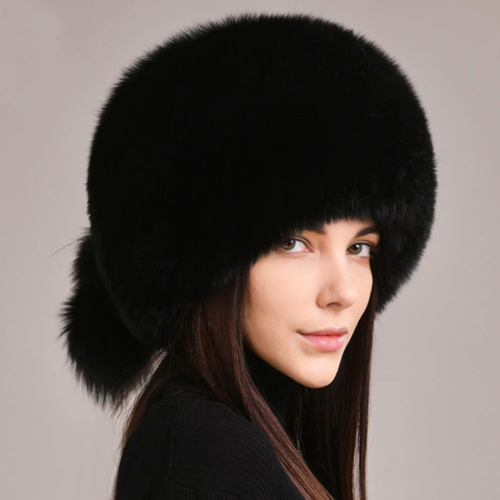 Natural Fox Fur Hat Russian Ushanka Female Winter Hat For Women Warm Fluffy Popular Style Female Tail Cap Fashion Real Fur Hats