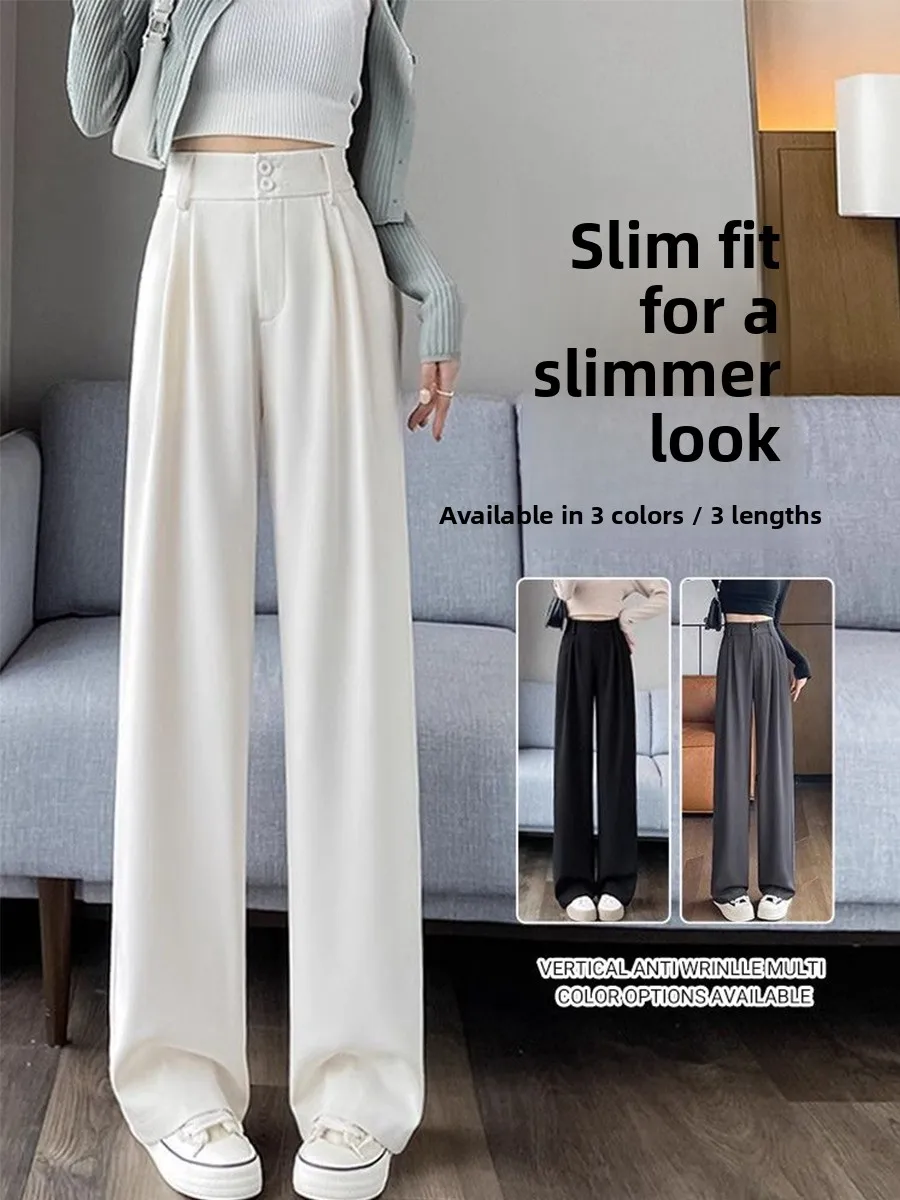 Elegant Drapey Wide Leg Suit Pants Women's High Waist Spring Autumn Loose Straight Cut White Casual Trousers Commute Style
