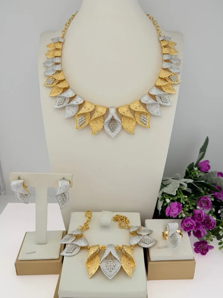 Luxury Geometric Three Tone Italian Jewelry Set Gorgeous Trendy Collar Brazalete Aretes Anillo 4PC Jewels Set for New Year Gift