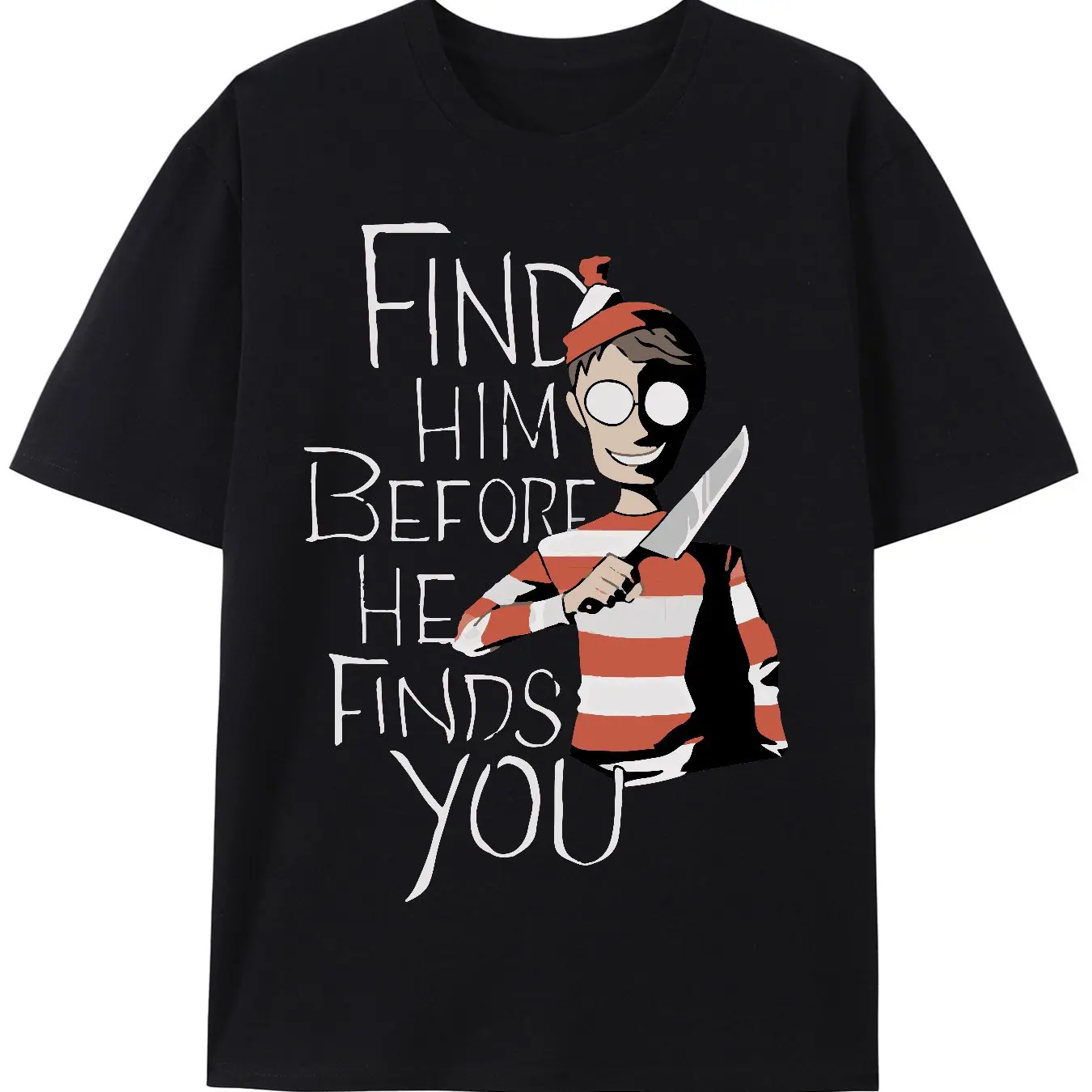 ¿Dónde está Waldo? Divertida camiseta de terror de Halloween Encuentralo antes de encontrarlo Diseño negro con rayas rojas y blancas Cuello redondo informal