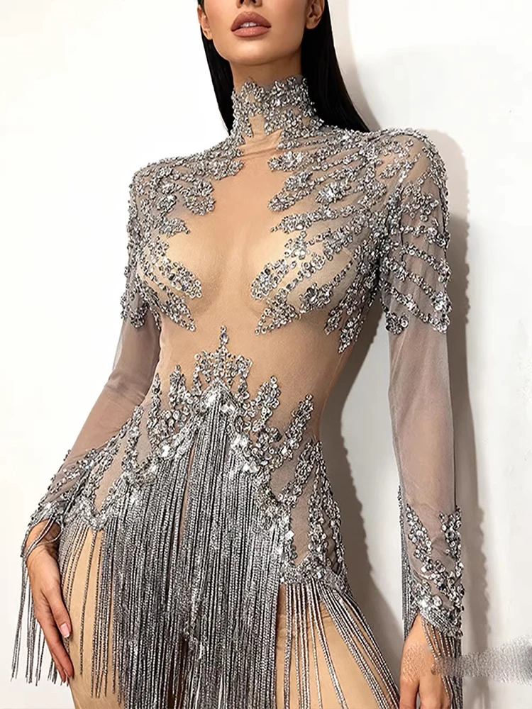 High Quality Rhinestone Tassel Sexy See Through Mesh Long Sleeved Jumpsuit 2025 New Fashion Custom Women'S Clothing