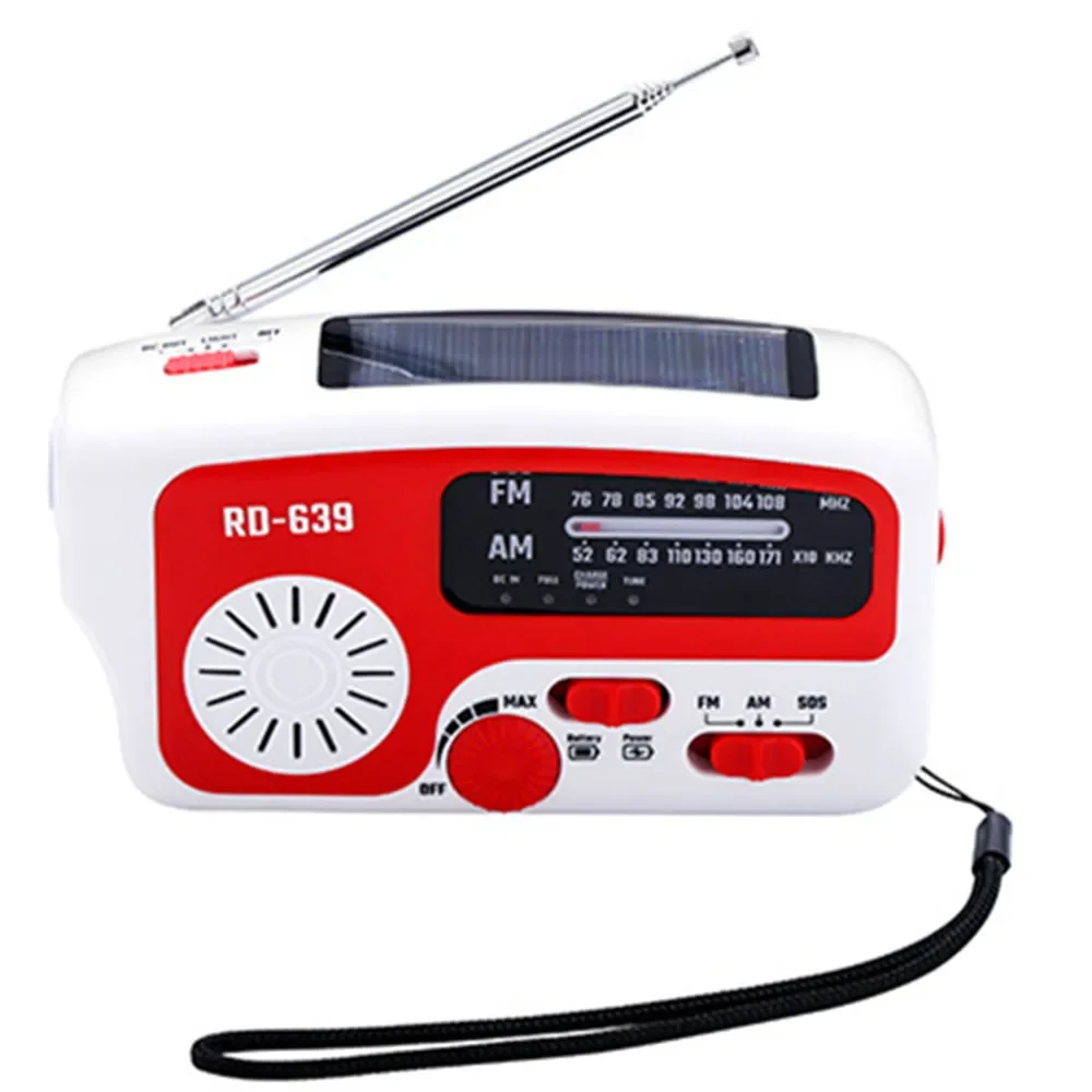 الطاقة الشمسية AM راديو FM في الهواء الطلق مصباح يدوي محمول LED ضوء الهاتف المحمول USB شاحن الطوارئ إنذار توليد الطاقة باليد