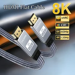 Cabo plano HDMI trançado, 8K, 48Gbps, alta velocidade, 8K60 4K120, 144Hz, 3D, eARC, HDCP 2.2 e 2.3, compatível com Roku TV e PS5