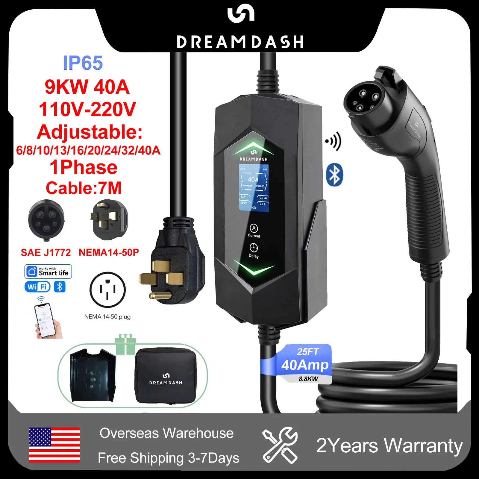 

Dreamdash SAE J1772 Type1 1Phase 40A 9KW Portable Charger Protection Wi-Fi Bluetooth APP Control Electric Vehicle Charger