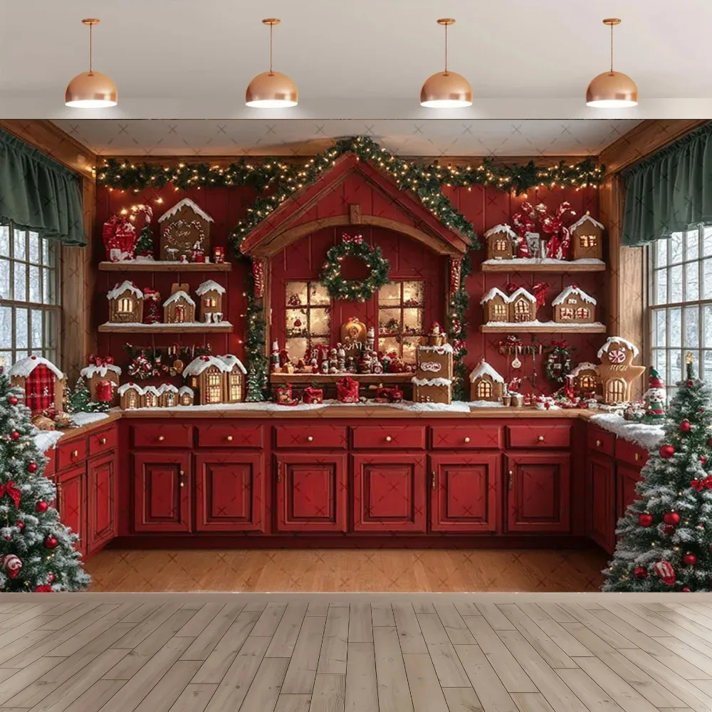 

Winter Christmas red kitchen banner shooting background, Christmas family gathering party decoration photography Backdrop props