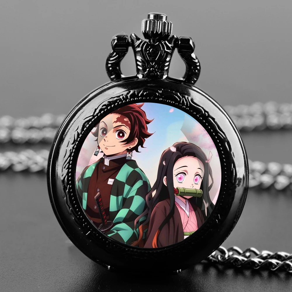 Anime Demon Slayer Glass Dome Design Arabic Numerals Quartz Pocket Watch Necklace Pendant Clock Chain Men Women Gifts