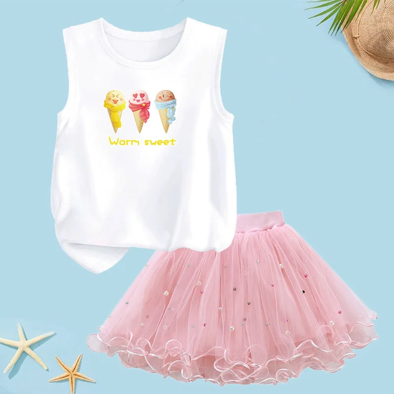 Sommer Ärmellose T-Shirts Rosa Tüllrock Baby Mädchen Eiscreme-Sets Lockere Baumwoll-Weste Prinzessin Partykleid 2-teiliges Outfit