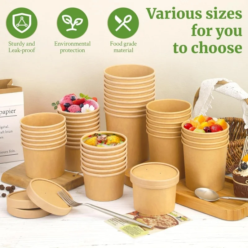 25/50Pack Kraft Paper Food Containers with Lids Eco Friendly Disposable Paper Cups Perfect for Soup, Ice Cream