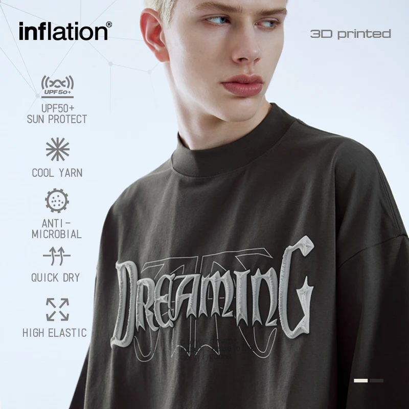 

INFLATION Retro 3D Puff Printed Tshirt Summer American Style Mock Neck Oversized Tees