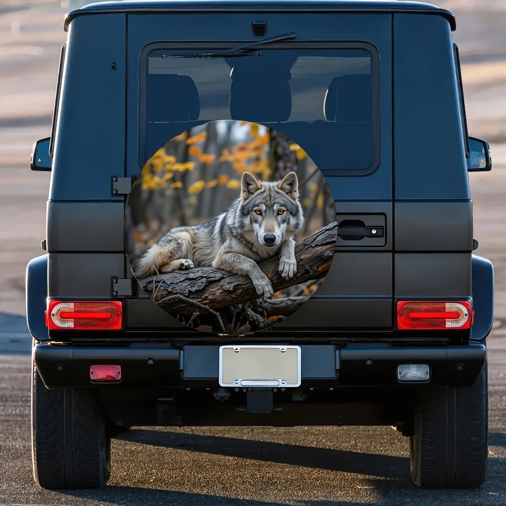 1pc 2D Flat Printing Car Tire Cover Wolf Autumn Forest Log Polyester Fabric Without Electricity Birthday Gifts Perfect For Mall