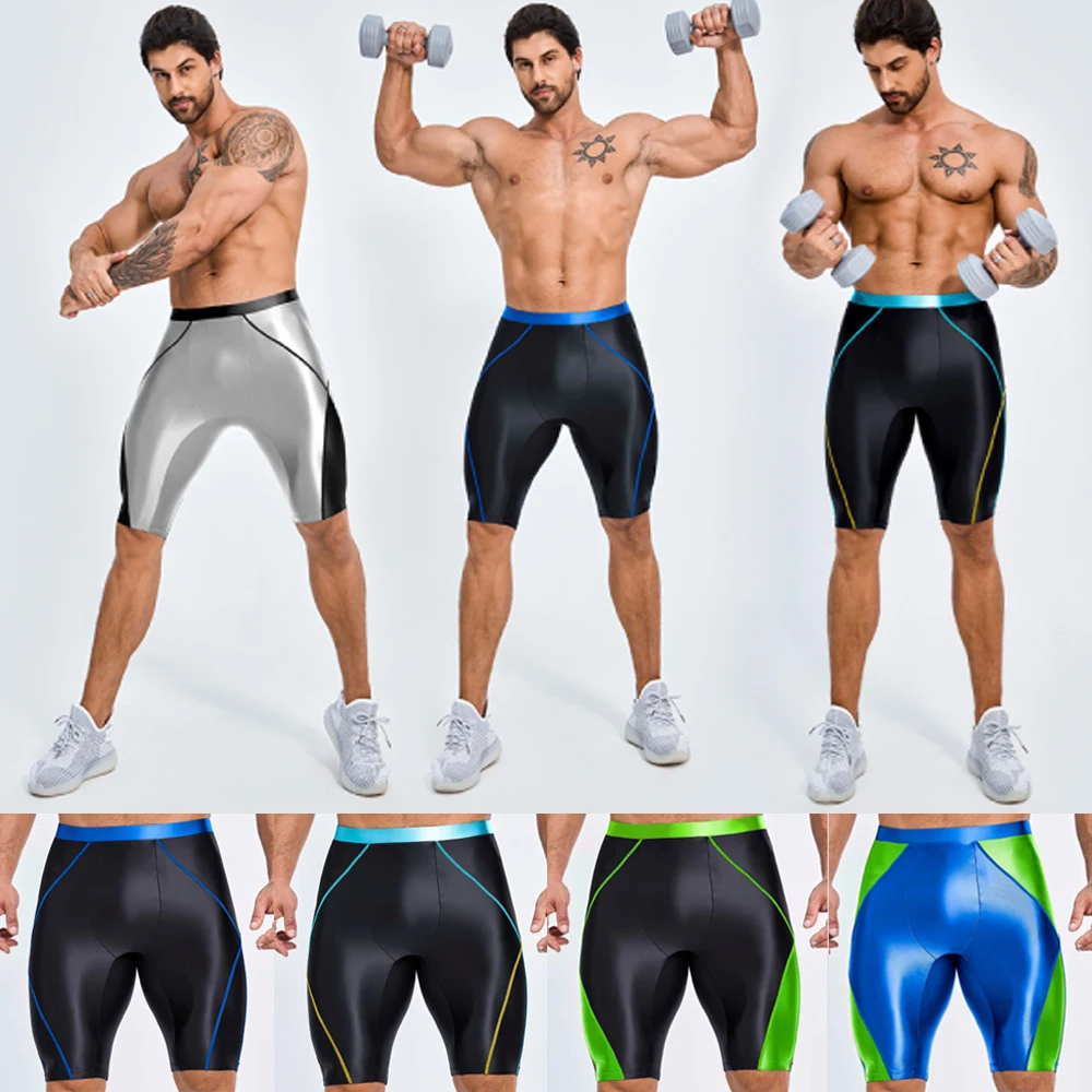 AMORESY, mallas deportivas informales hasta la rodilla brillantes para hombre, pantalones de seda para correr, Fitness, ciclismo, pantalones cortos de playa transpirables para lucha libre