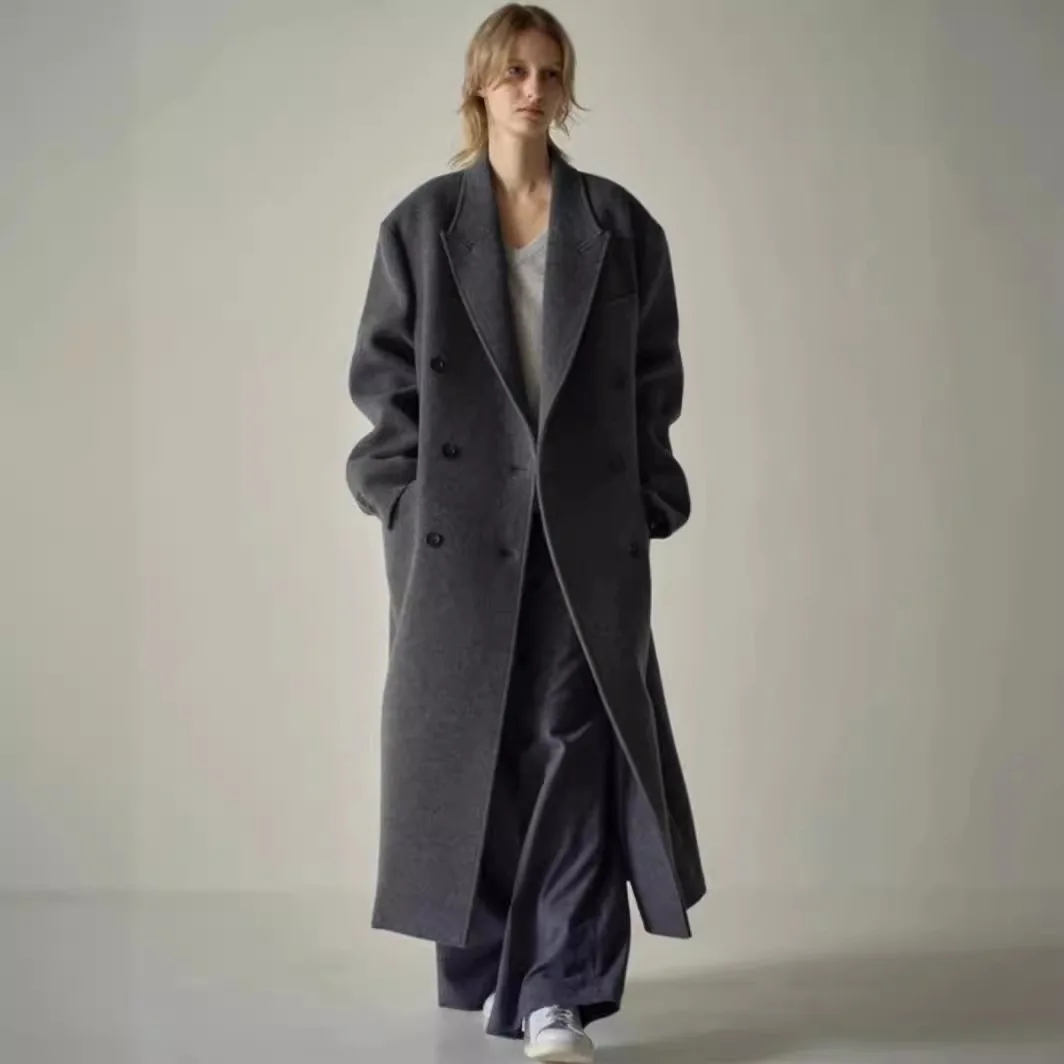 

Элегантное женское шерстяное пальто из кашемира, осень-зима 2026, новинка, свободный крой, удлиненное, модное, двубортное шерстяное пальто в стиле «ленивый шик»