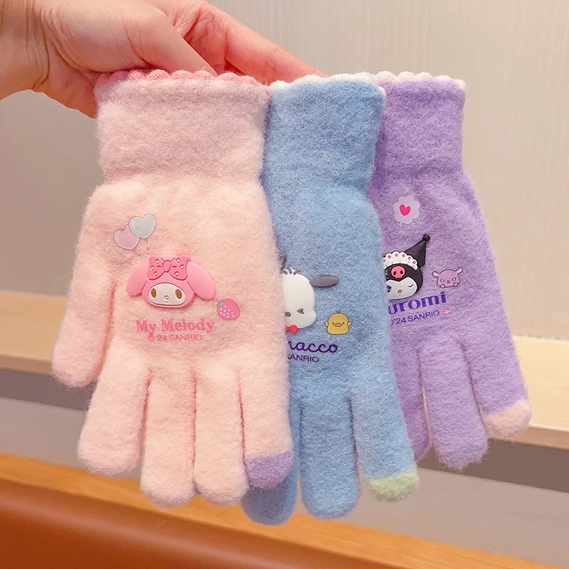 Sanrio children's gloves autumn and winter 8-15 years old five-finger sets Kuromi thickened warm finger covers