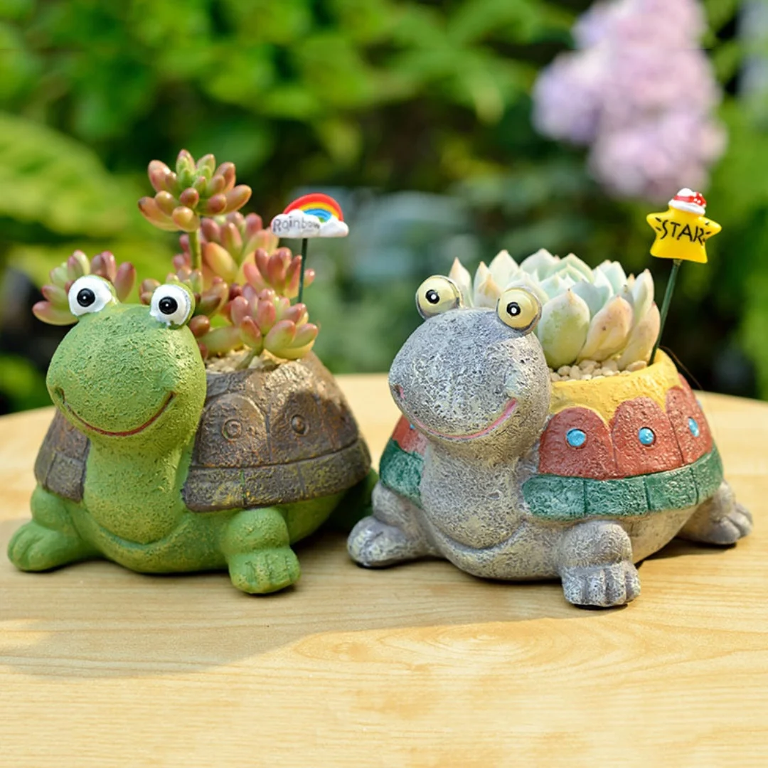 1Pc, Creative Pastoral Turtle Succulent Flowerpot Cartoon Micro Landscape Resin Crafts Decorative Ornaments, Suitable for Courtyard and Home, Anti-Slip Mat with Drainage Hole