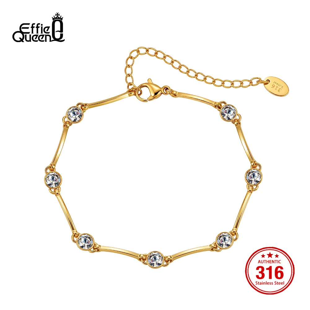 EFFIE QUEEN Stainless Steel CZ Bangle Bracelet For Women Wedding 18K Gold Plated Charm Cubic Zirconia Link Chain Bracelet HTKB02