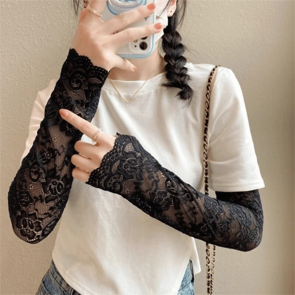 Mesh Lace Sun Protection Arm Sleeves Breathable Floral Embroidery Fingerless Long Sunscreen Elastic Sleeve