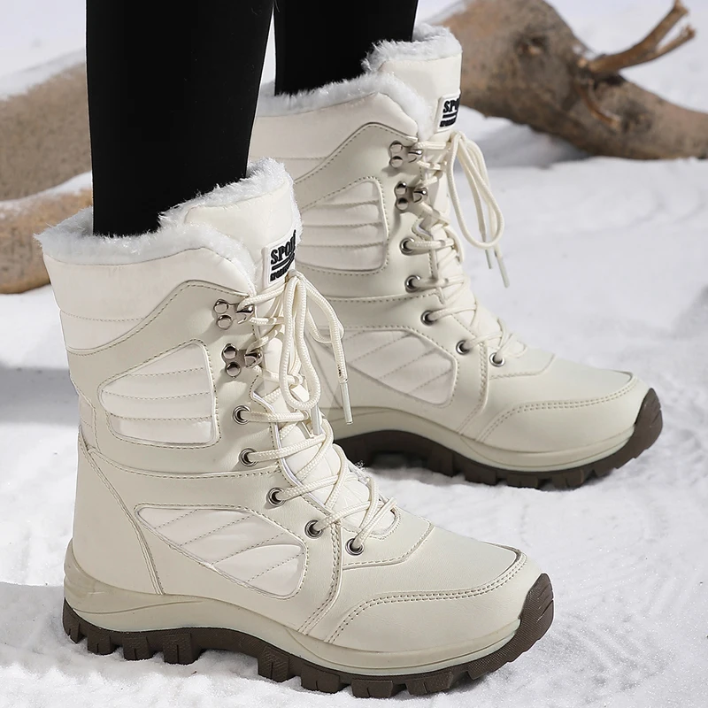 Thick Thermal Women Snow Hiking Boots Lace‑Up Plush Top Non‑Slip Wear‑Resistant Mountain Outdoor Winter Shoes Free Shipping