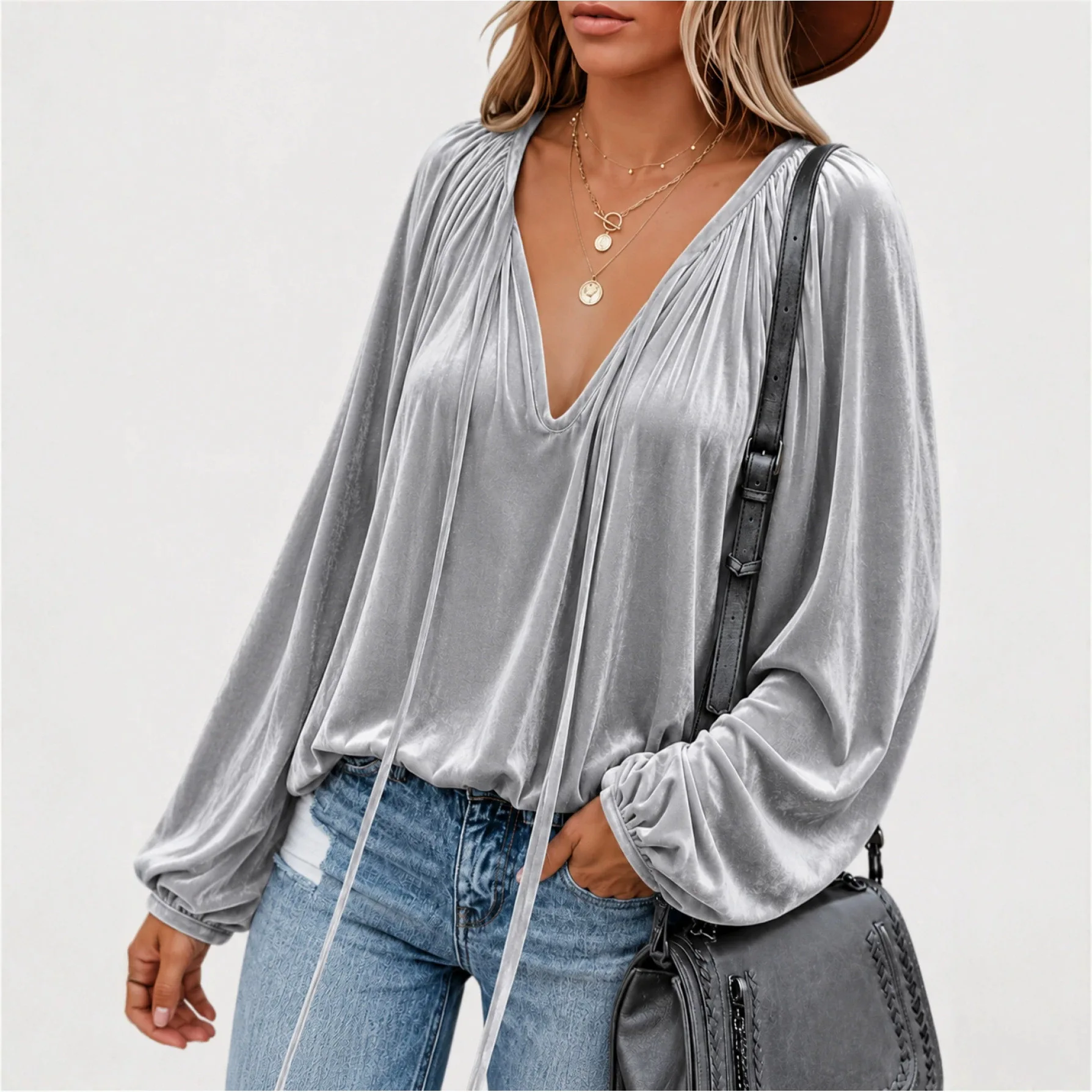 Anno's Own Design 2026 Women's Random And Fashionable Velvet Drawstring V-neck Long-sleeve Top Dresses For Women Luxury Robe