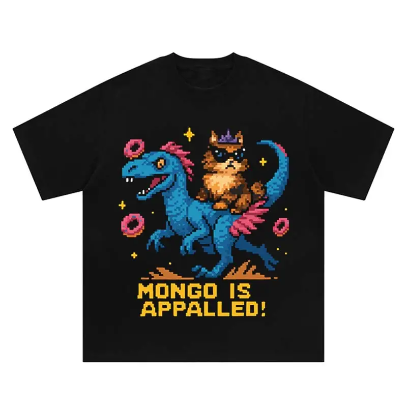 Hip Hop Streetwear Vintage Men Dinosaur Cat Print T-Shirt Summer Harajuku Cotton Short Sleeve Loose Leisure Washed Oversized Top