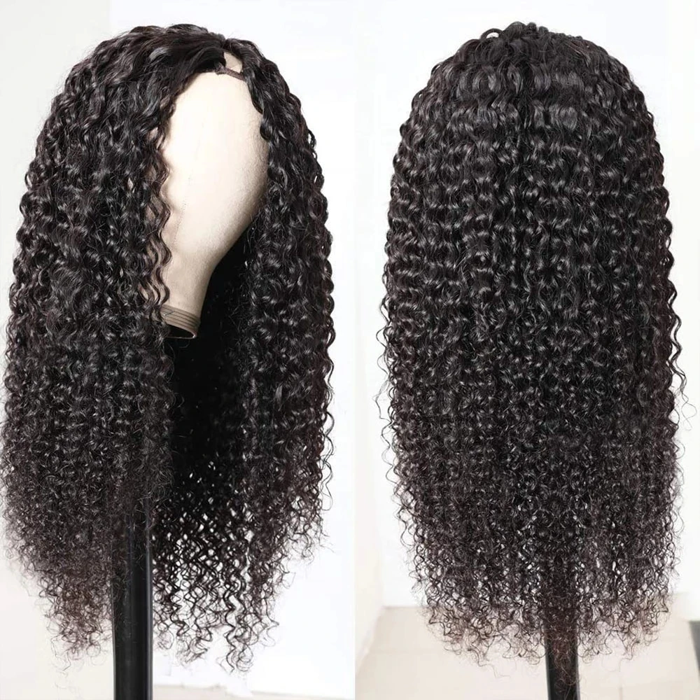 Sleek U Deel Kinky Krullend Menselijk Haar Pruik Braziliaanse Krullend Haar Machine Gemaakt Natuurlijke Kleur Voor Zwarte Vrouwen Remy Haar lijmloze Pruik