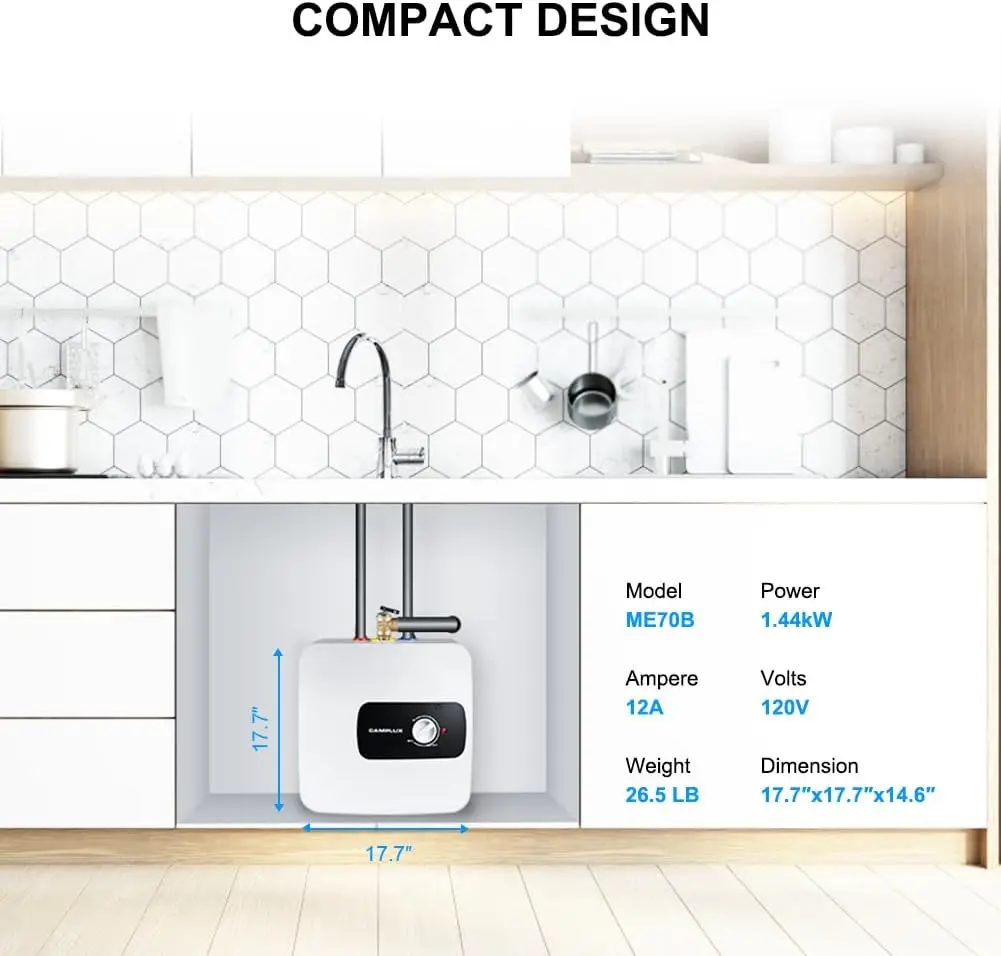 CAMPLUX-calentador de agua eléctrico, 120V, 6,5 galones, punto de uso, calentador de agua caliente para debajo del fregadero, 1,44 kW