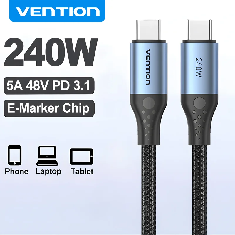 Vention PD 240W USB Type C to Type C 5A 48V Fast Charger Braided Cable Data Cord CarPlay Wire for iPhone 17 Samsung S24 Macbook