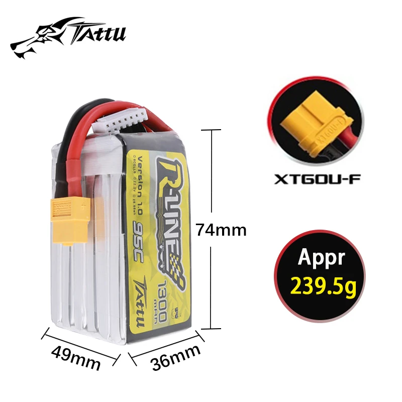 TATTU-R-LINE 1.0 1300mAh 95C 22.2V Lipo Battery For RC Helicopter Quadcopter FPV Racing Drone Parts With XT60 Plug 6S Battery