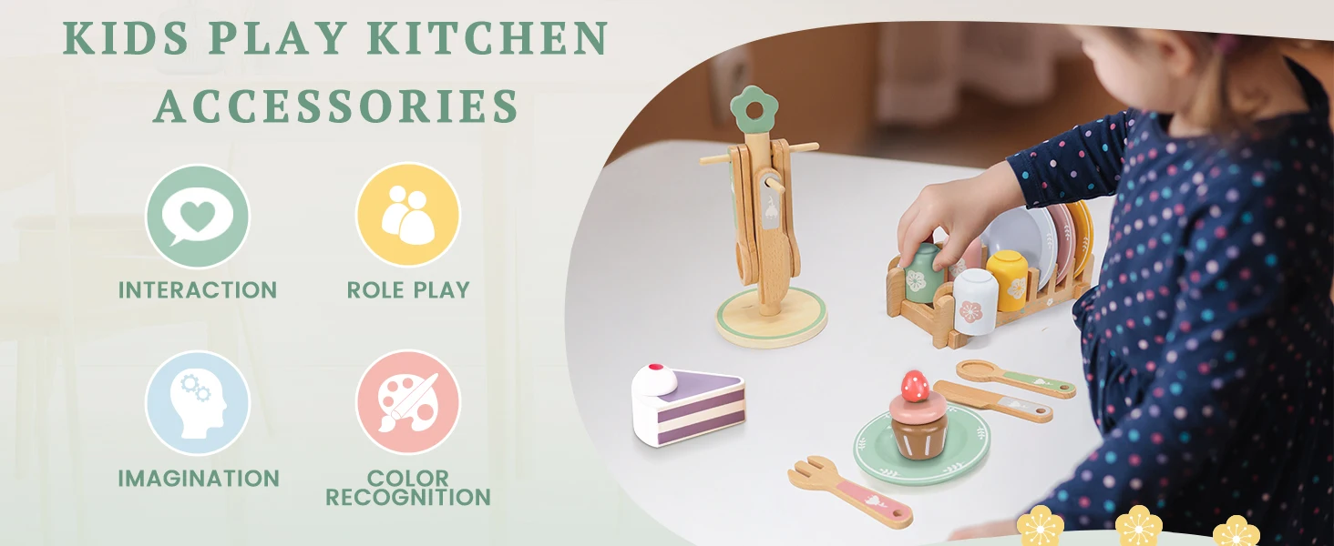 Hölzerne Küche, Rollenspiel-Set, Montessori-Simulationsplatten, Geschirr, Zubehör, Küchenspielset, Spielzeug für Kleinkinder, Geschenke ab 3 Jahren – Detail 3