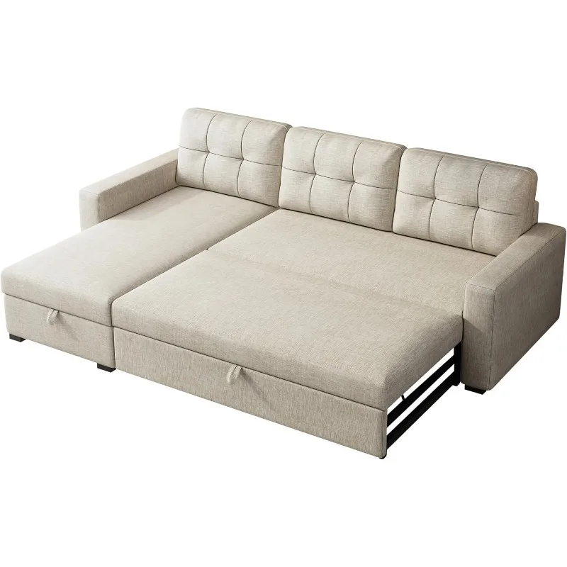 81.5" Sleeper Sectional Sofa,Upholstered Sectional Storage Chaise and Pull,Reversible L-Shape Couch,w/ 3 Back Cushions,for Livin