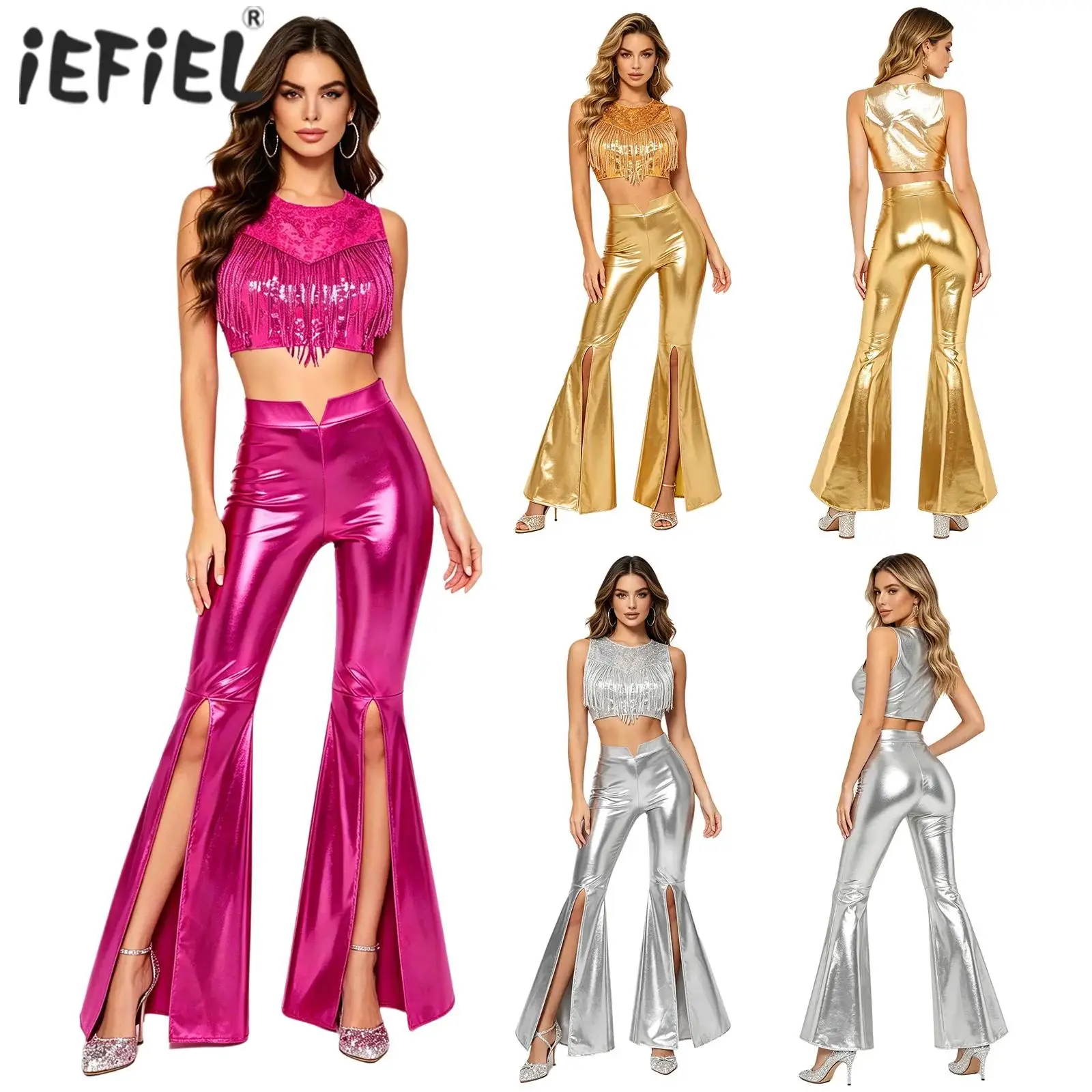 

Womens Metallic Shiny Jazz Pole Dance Performance Outfit Front Sequin Tassel Crop Top Split Flared Pants 70s Disco Clubwear