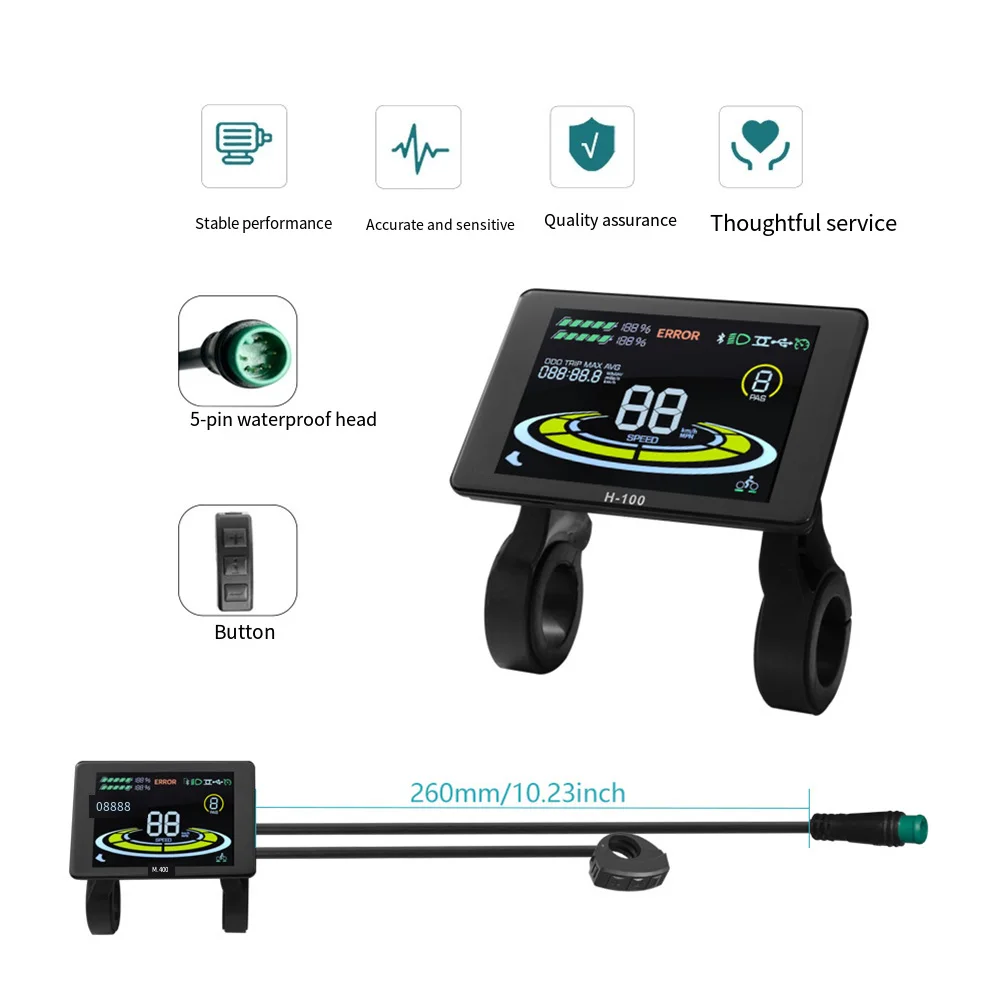 Ebicycle LCD Display Screen H100 for 24V 72V Electric Bicycle Controllers Waterproof 5 Pin Connector Fault Code Display